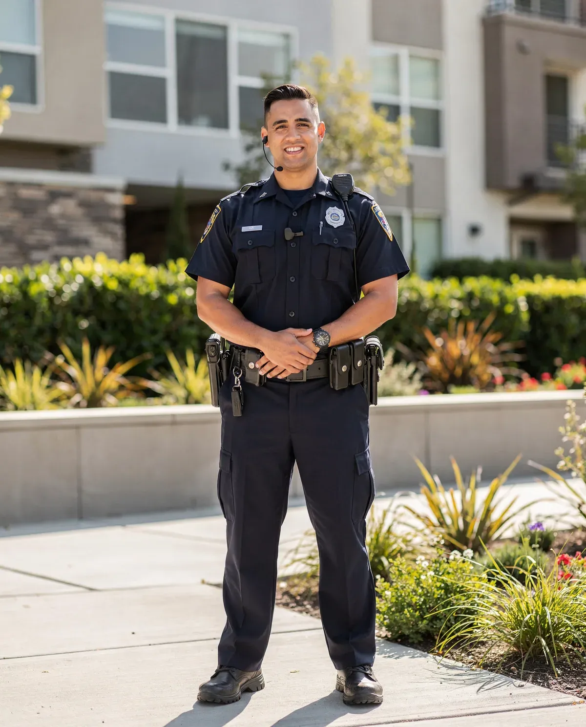 Smiling security guard in a navy uniform standing outside the entrance of an apartment community