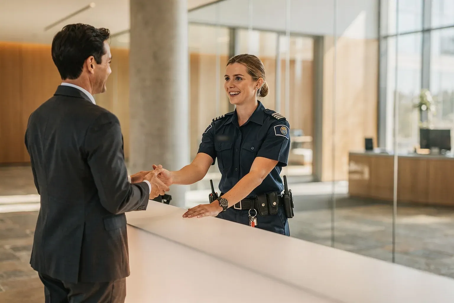 Uniformed security officer at a business lobby reception desk welcoming a visitor