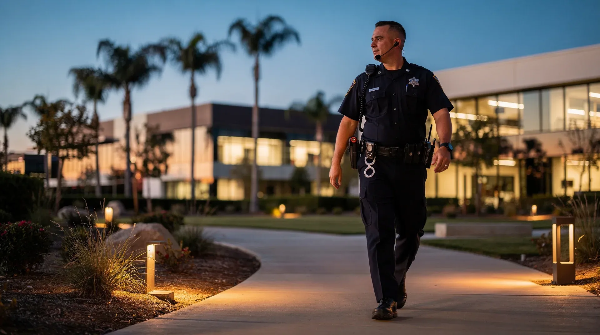 Uniformed security officer on foot patrol along a lit walkway outside a business park at dusk